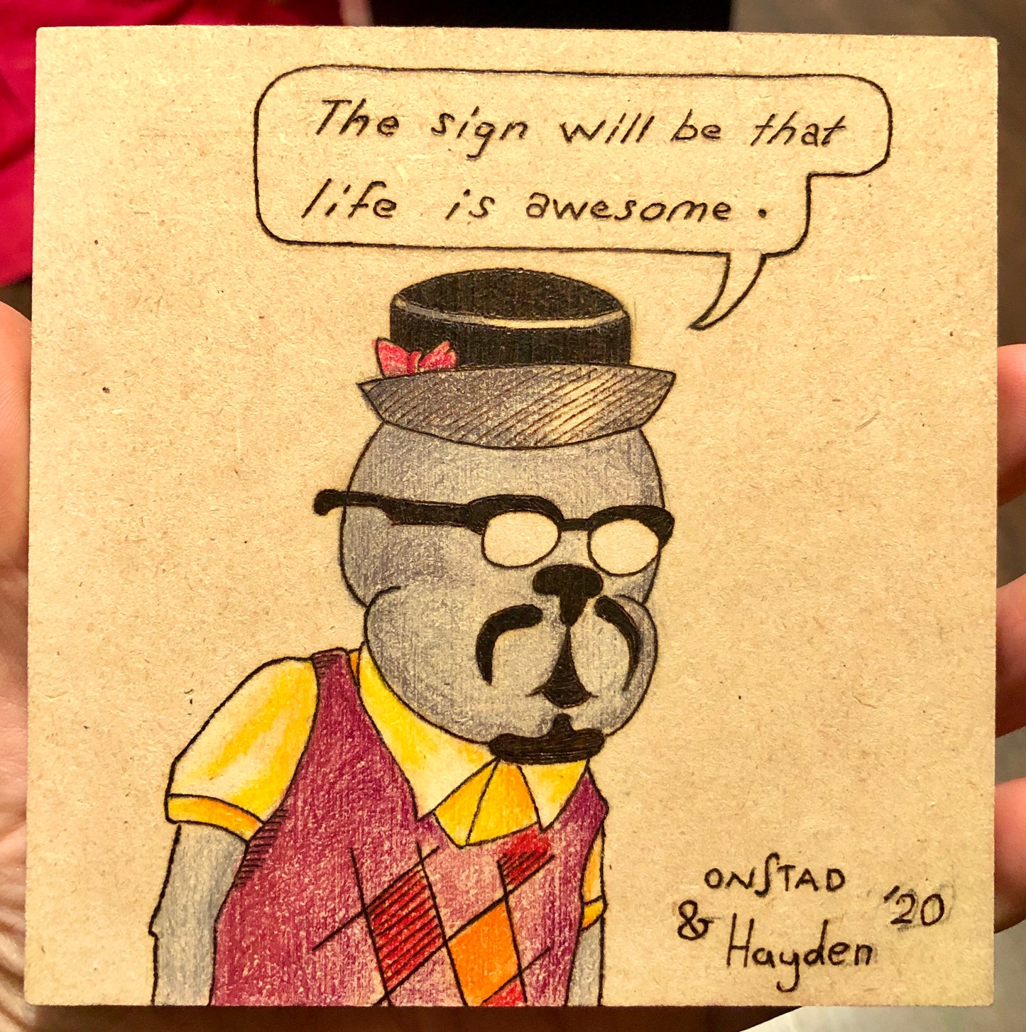 Father/Son Nightlife Mingus, 2020, woodburn and pencils, 5"