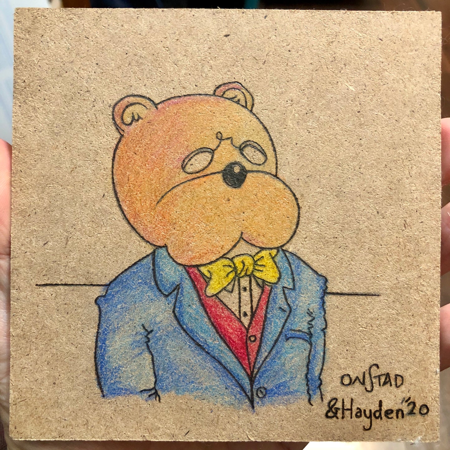 Father/Son Connie Doin' a Sartorial, 2020, woodburn and pencils, 5"