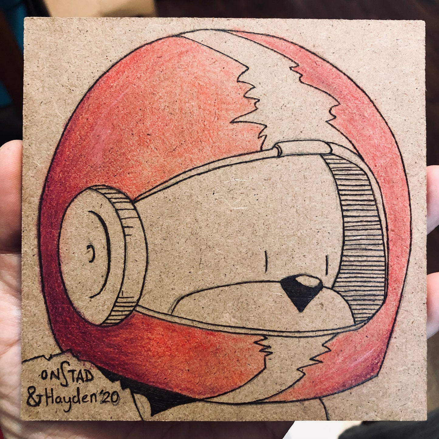 Father/Son Galaxy Beef, 2020, woodburn and pencils, 5"