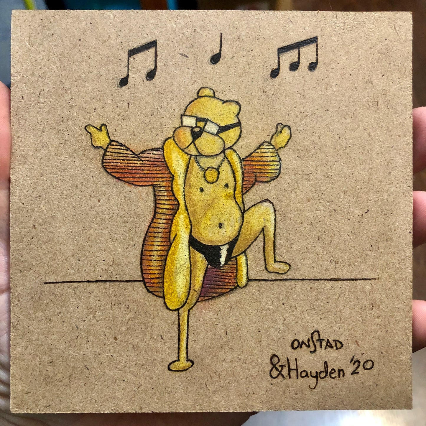 Father/Son Ray Dances to Toto's Africa, 2020, woodburn and pencils, 5"