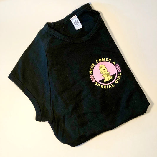 Here Comes a Special Girl Cap-Sleeve Raglan, Black, Women's