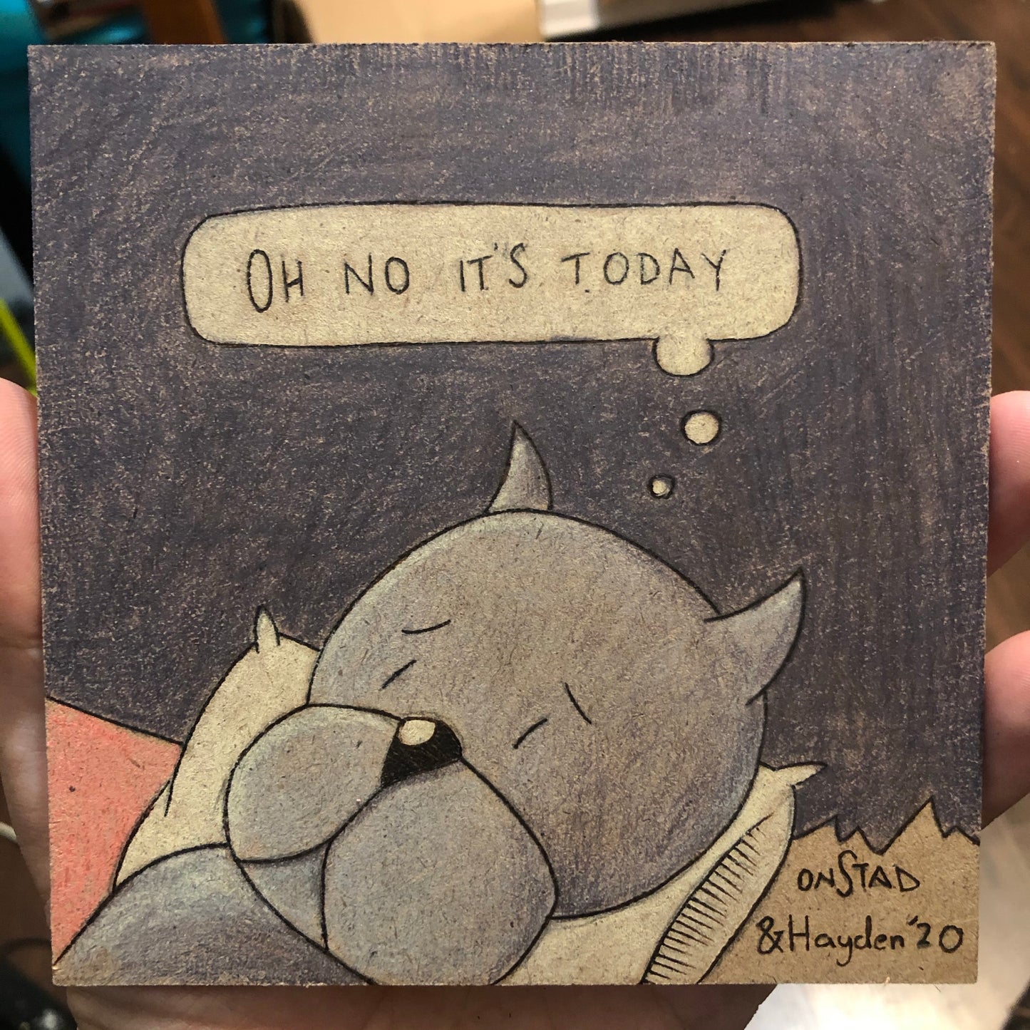 Father/Son Oh No It's Today, 2020, woodburn and pencils, 5"