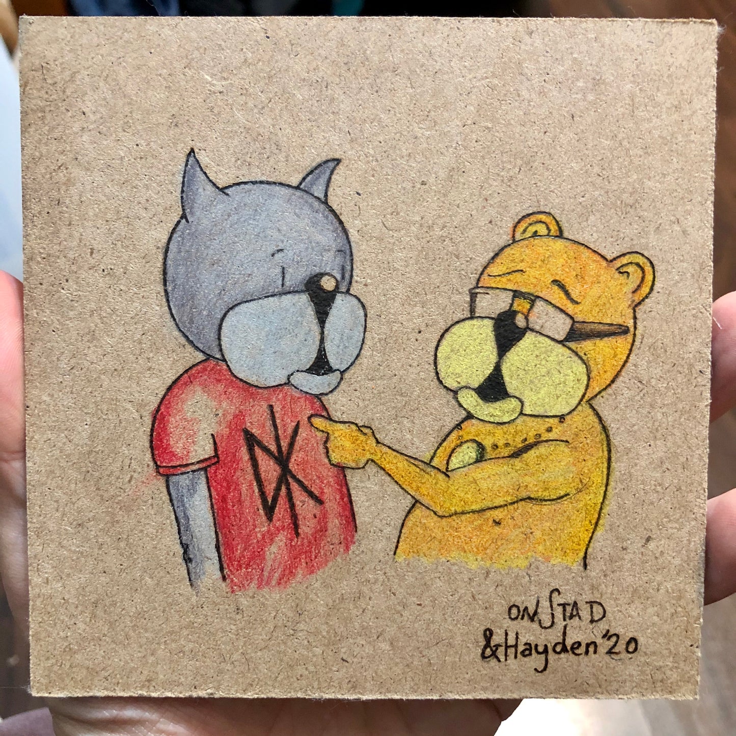 Father/Son Knuckleads Since The Day, 2020, woodburn and pencils, 5"