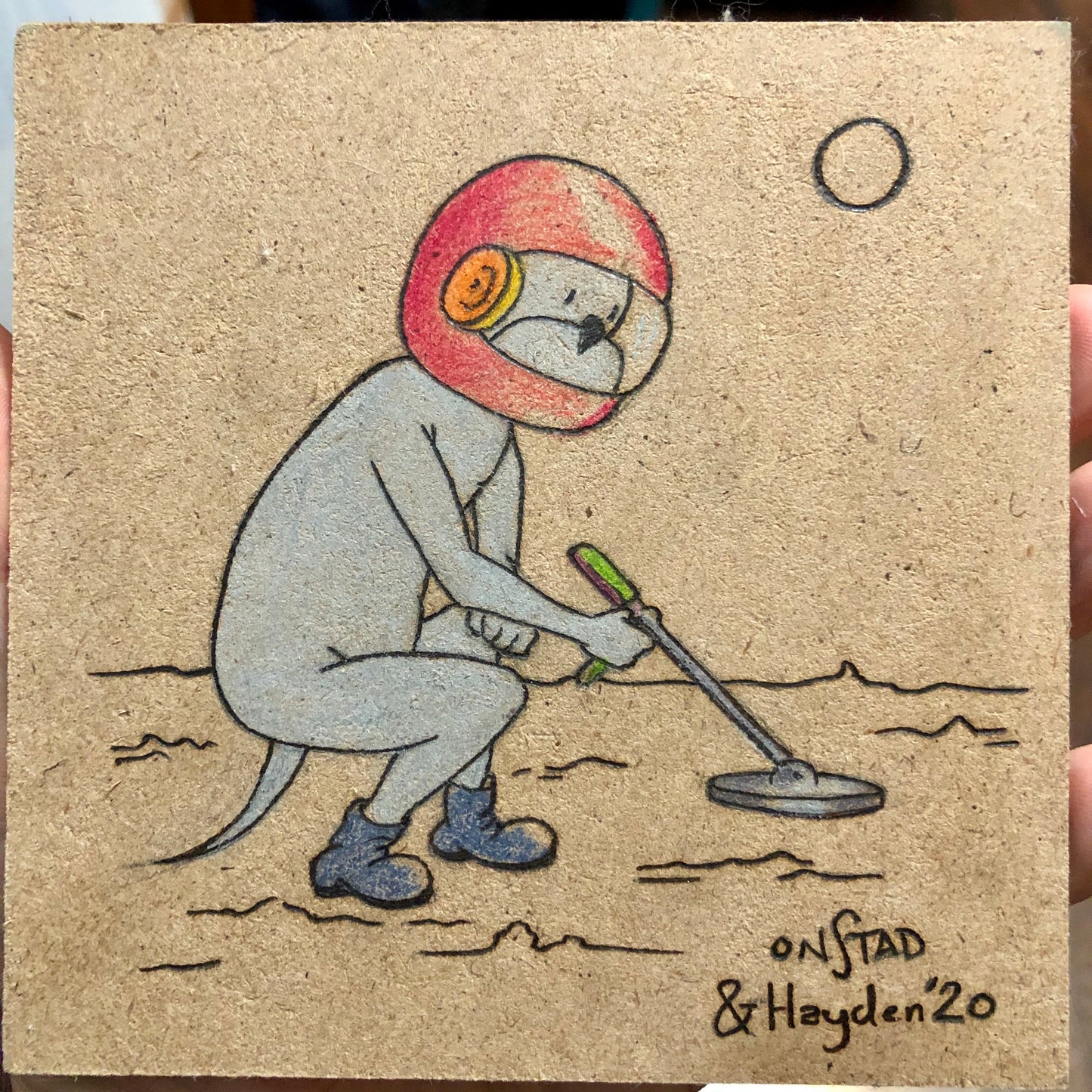 Father/Son Magneto MoonBeef, 2020, woodburn and pencils, 5"