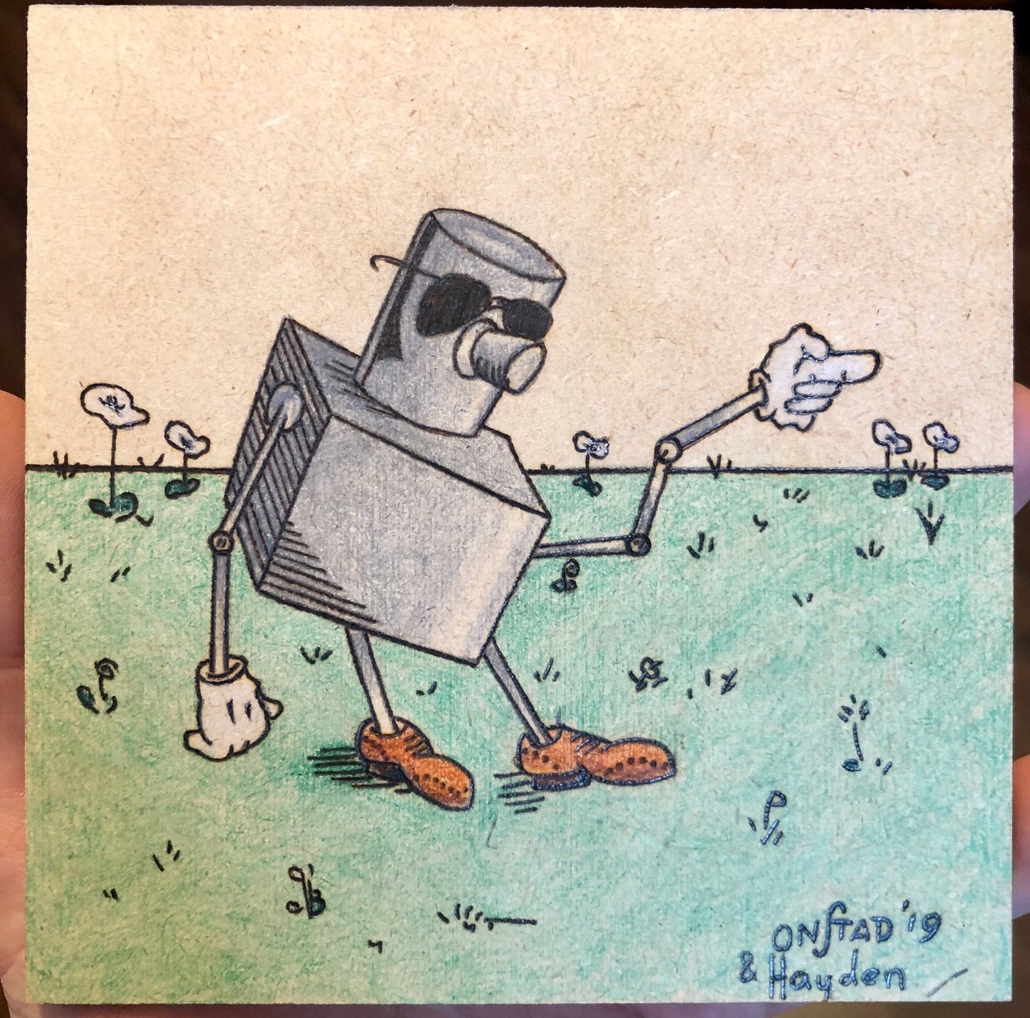 Lie Bot, Even His Arm Is A Lie, 2019, woodburn and pencils, 5"